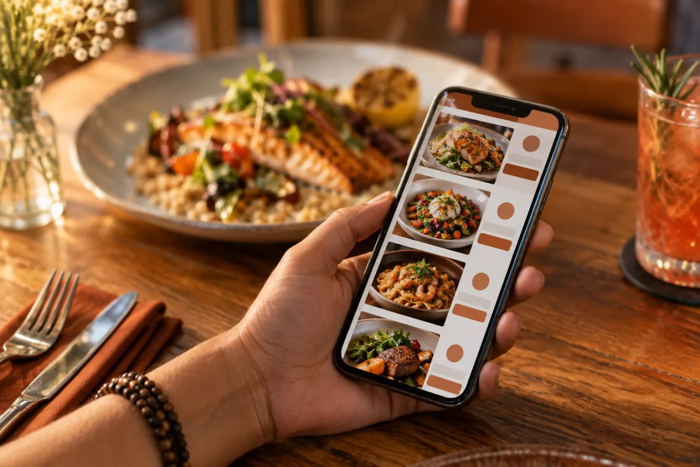 Mão segurando o celular mostrando o cardápio digital aberto no navegador