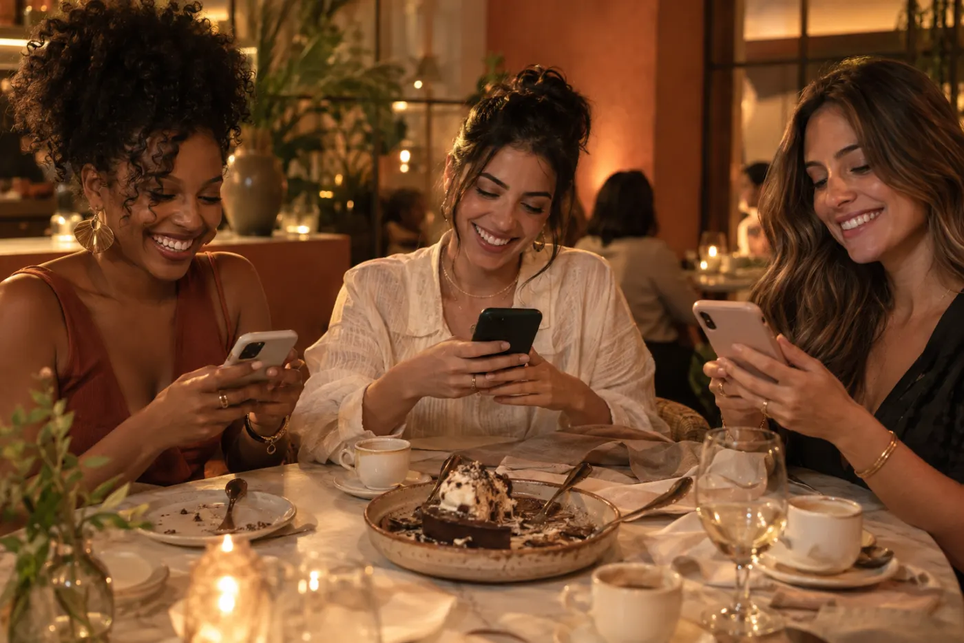 Grupo de amigas pagando cada uma a sua parte da conta pelo próprio celular
