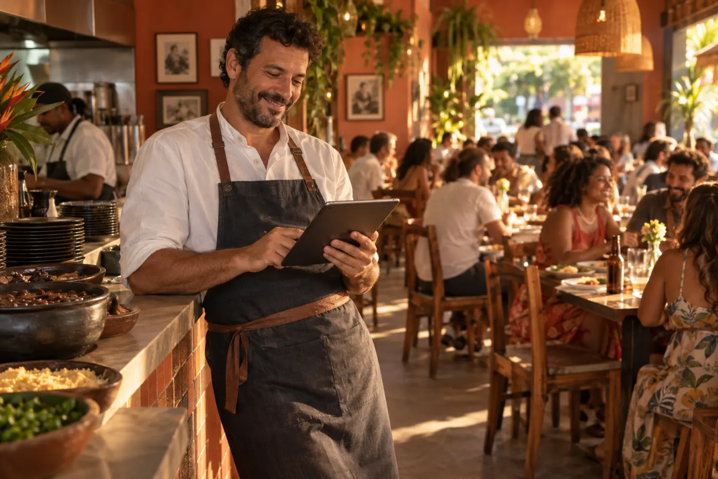 Dono de restaurante sorrindo no balcão com a casa cheia de clientes