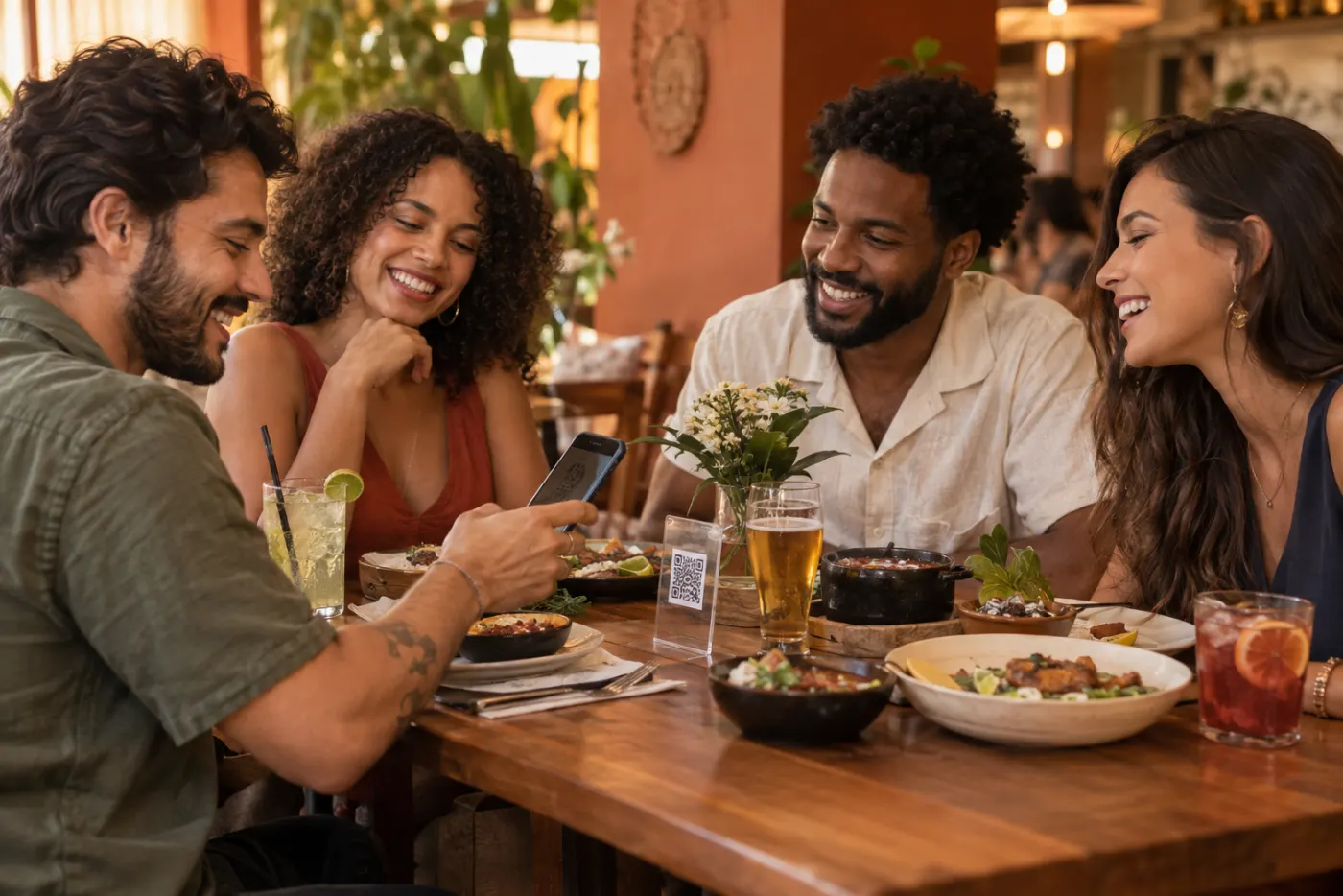 Amigos sentados à mesa de um restaurante apontando o celular para o QR code do cardápio digital